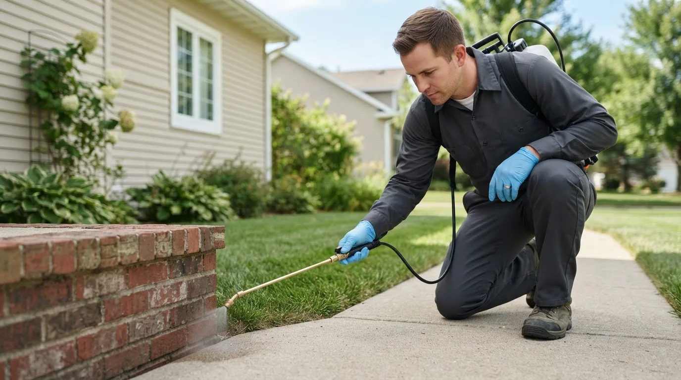 Pest control technician treating a home near Cottage Grove, OR